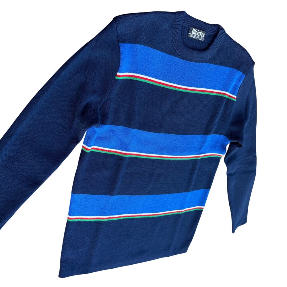 Vtg 100% NewWool Retro SkiSweater.Navy/blue/ stripes red white green men’s Sz XL